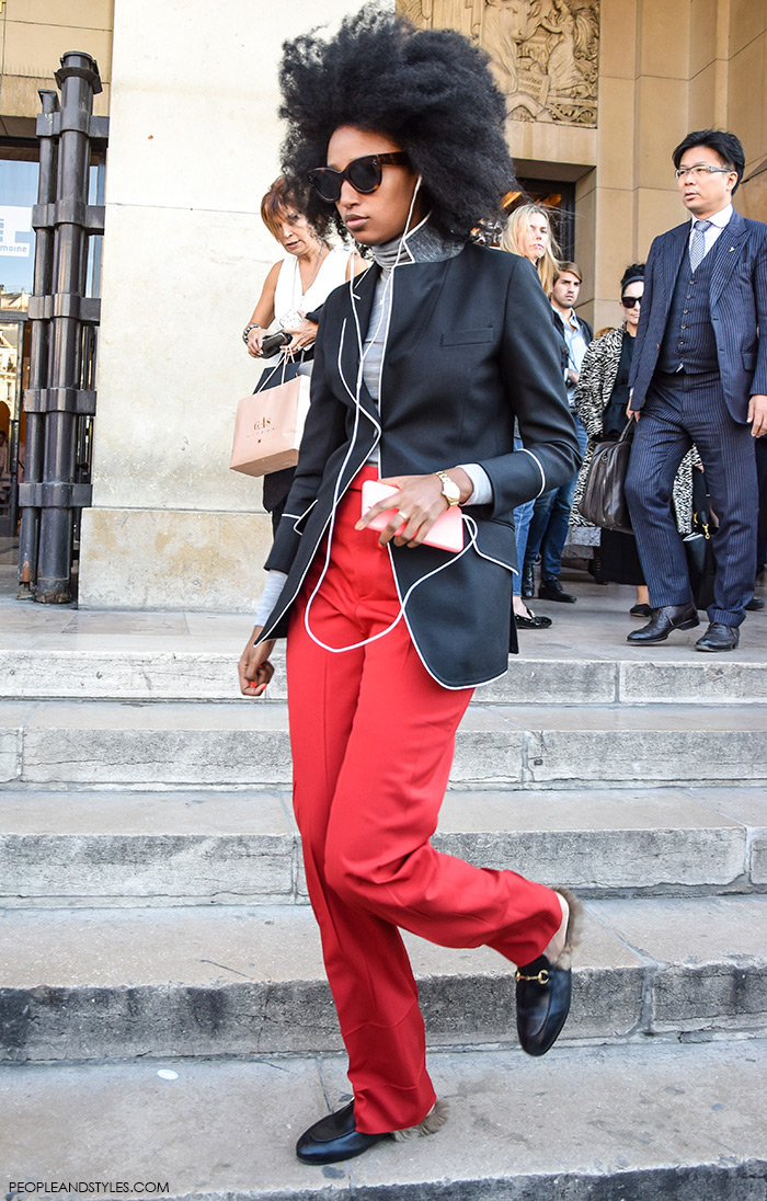 Gucci Kangaroo-Fur-Lined Slippers, street style, Paris Fashion Week, Julia Sarr-Jamois, red pants