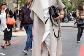 People and Styles Fashion Street Style look Paris Fashion Week Chic Blogger Look Zina Charkoplia Fashionvibe wearing Tibi reversible wool and angora-blend coat and Saint Laurent Monogramme Sac Université