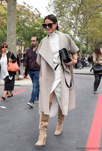 People and Styles Fashion Street Style look Paris Fashion Week Chic Blogger Look Zina Charkoplia Fashionvibe wearing Tibi reversible wool and angora-blend coat and Saint Laurent Monogramme Sac Université