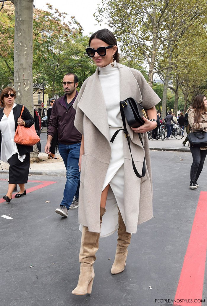 How to wear over the knee boots with a skirt and a turtleneck, People and Styles Fashion Street Style look Paris Fashion Week Chic Blogger Look Zina Charkoplia Fashionvibe wearing Tibi reversible wool and angora-blend coat and Saint Laurent Monogramme Sac Université