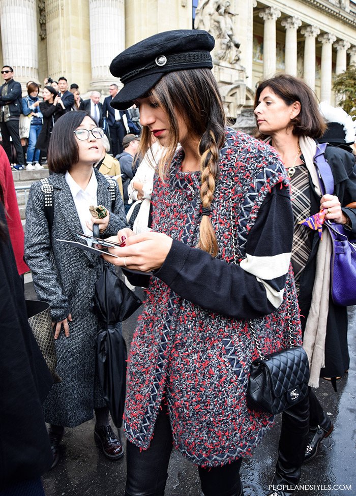 People and Styles, How to wear baker boy hat and sleeveless coat, street style fashion, Paris Fashion Week, Chanel