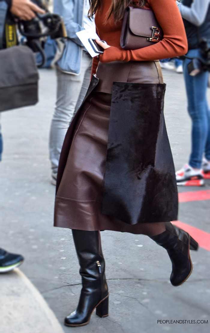 Paris Fashion Week, chic office appropriate look, how to wear turtleneck and leather skirt, PeopleandStyles.com