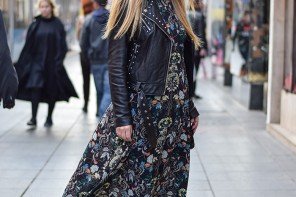 Street style look midi dress from Zara, leather biker jacket and mid heel pointed boots, wear to work