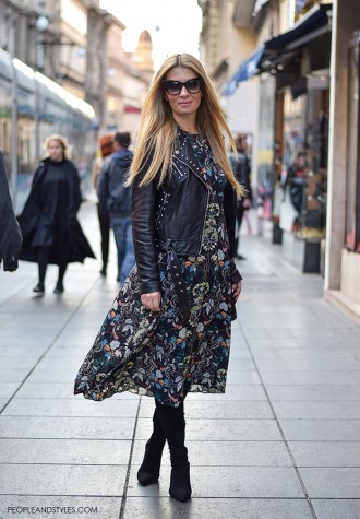 Street style look midi dress from Zara, leather biker jacket and mid heel pointed boots, wear to work