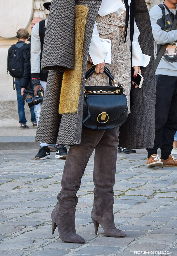 how to wear Saint Lauren over the knee boots and shorts pants, Paris street chic look