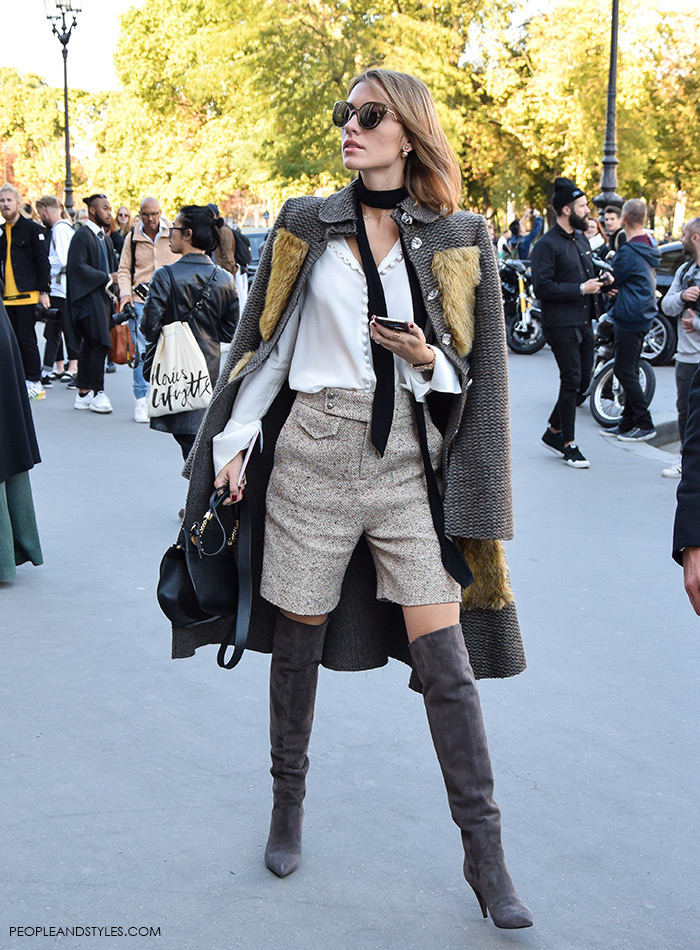 how to wear Saint Lauren over the knee boots and shorts pants, Paris street chic look