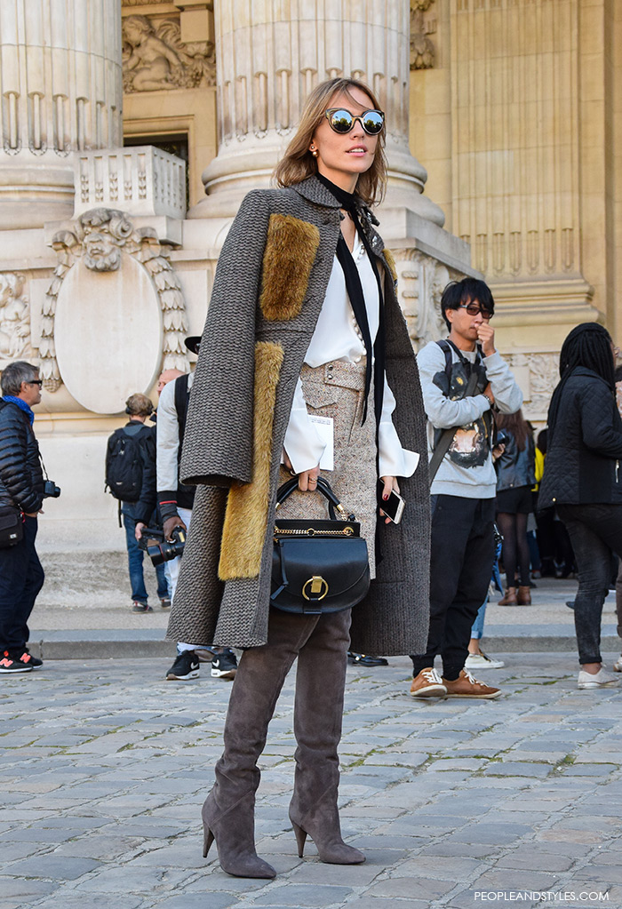 how to wear Saint Lauren over the knee boots and Chloe Goldie small leather shoulder bag, Paris street chic look