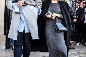 Women's Outfit Inspiration: Coat, grey knit dress and sneakers