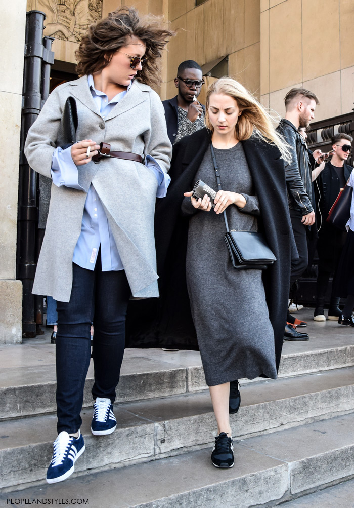 Grey outfits pinterest, How to Wear: Coat and Sneakers, midi knitted grey dress, winter dressing in sneakers,street fall winter spring fashion seen in Paris