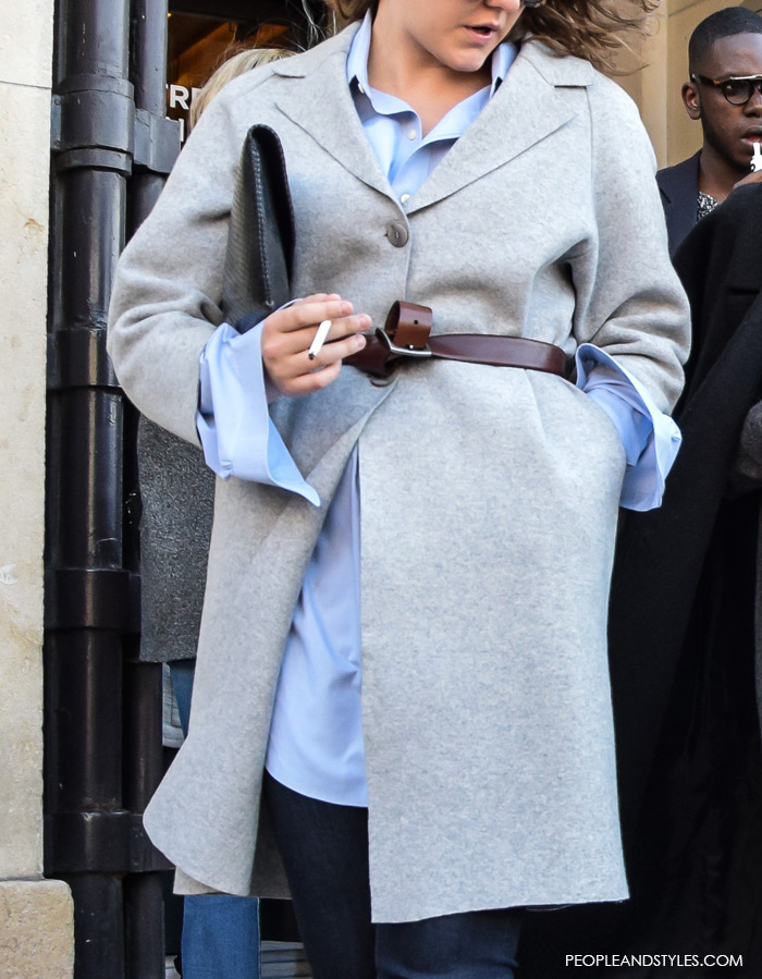 Grey outfits pinterest, How to Wear: Coat and Sneakers, midi knitted grey dress, winter dressing in sneakers,street fall winter spring fashion seen in Paris