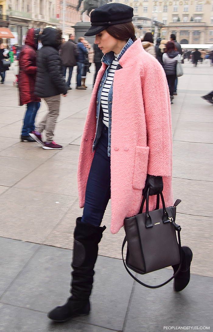 Fashion: How to wear pink coat layered over a denim jacket and striped turtleneck, street style coat Pinterest