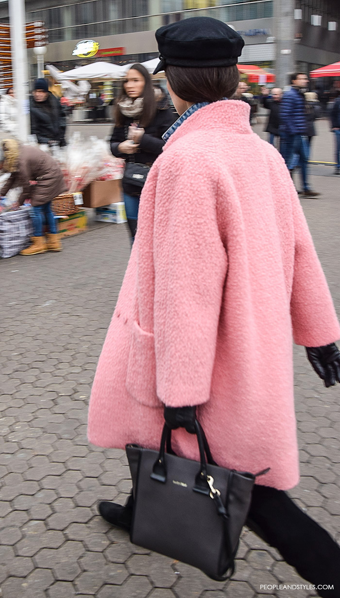 Fashion: How to wear pink coat layered over a denim jacket and striped turtleneck, street style coat Pinterest