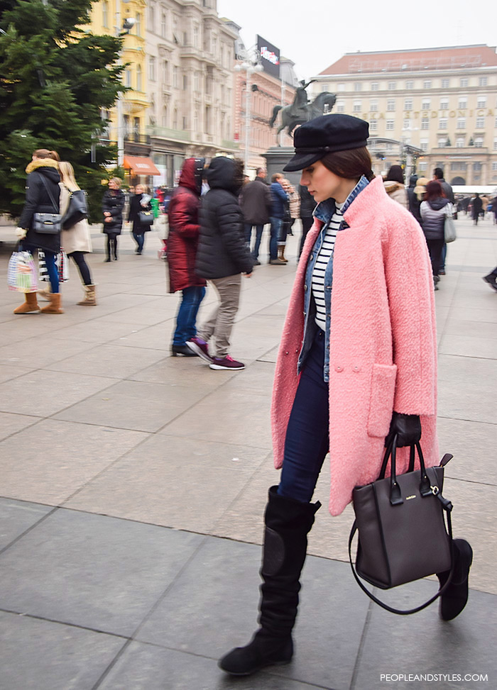 Fashion: How to wear pink coat layered over a denim jacket and striped turtleneck, street style coat Pinterest