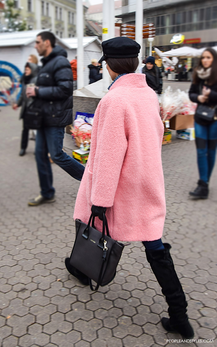 Fashion: How to wear pink coat layered over a denim jacket and striped turtleneck, street style coat Pinterest