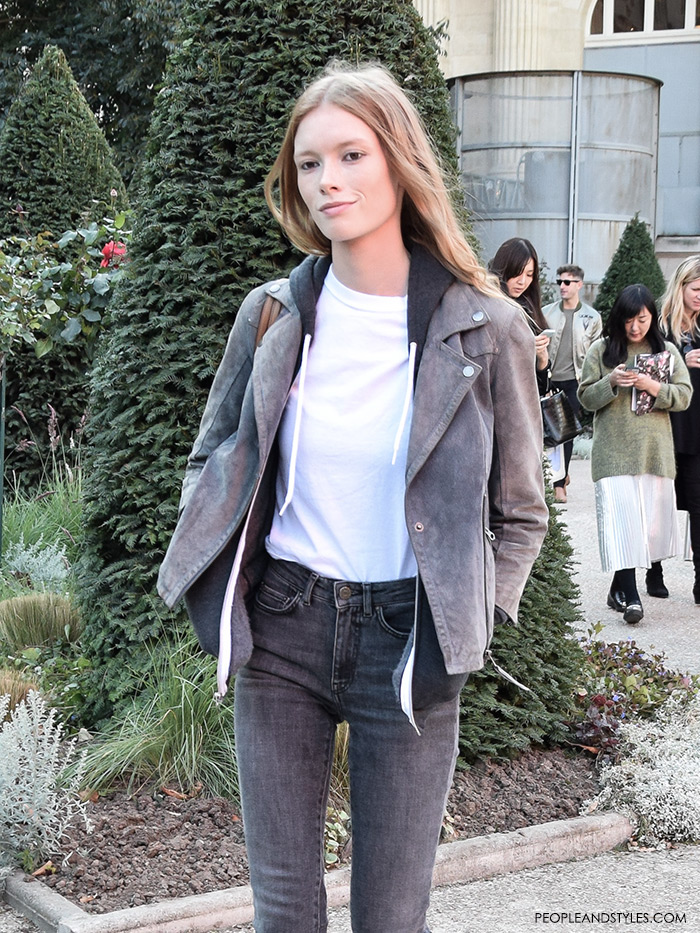 Get model off duty look Julia Hafstrom street style look with grey biker jacket and dark grey jeans