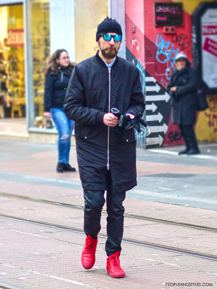Guys, street style fashion, sneakers in style for men, Simple, stylish and cool guy's outfit with bomber jacket, red adidas sneakers and mirrored sunglasse, casual outfits with sneakers men
