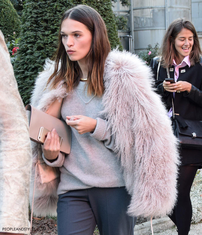 Grey on Grey Outfit with Pastel Pink Fur Jacket – Fashion Trends