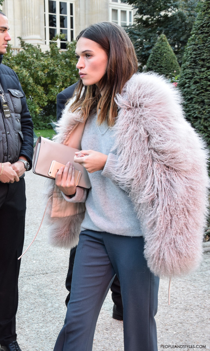 ladylike outfits, fashion grey on grey outfit styled with pink fur jacket, Paris street style outfit, Chloe Spring/Summer aftershow 