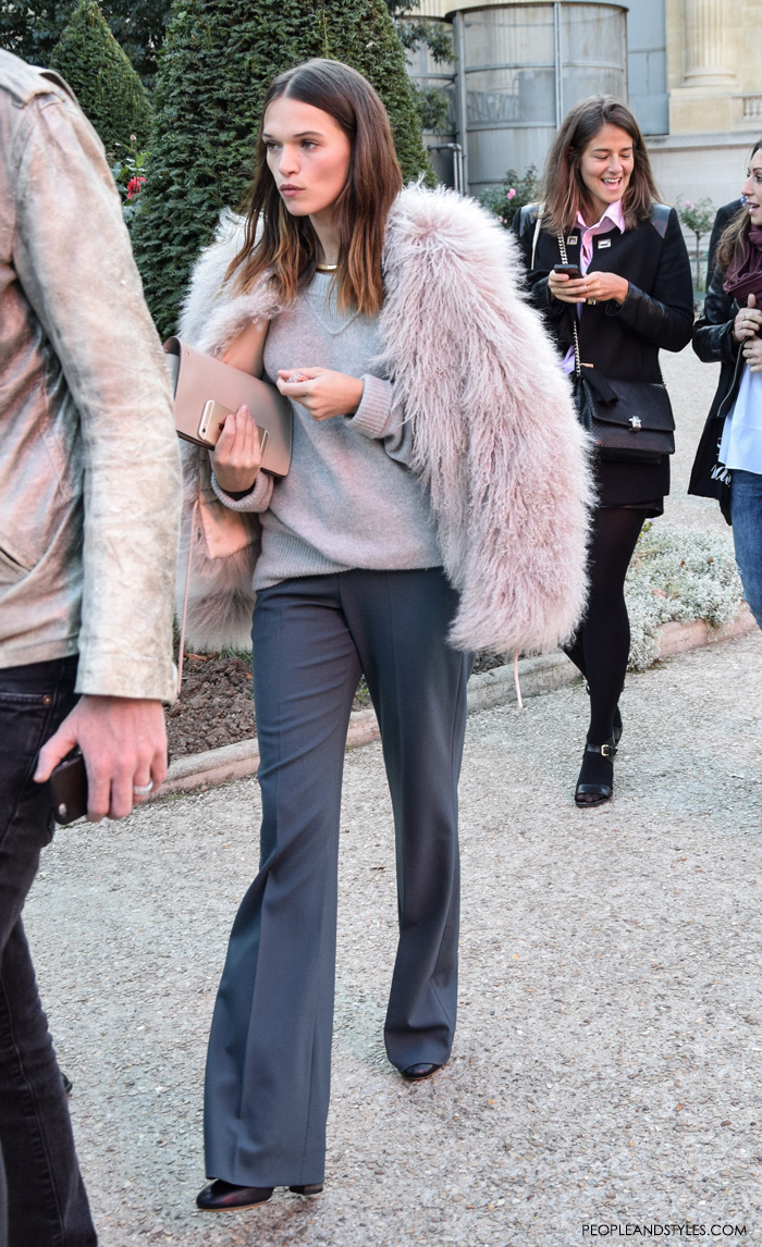 ladylike outfits, fashion grey on grey outfit styled with pink fur jacket, Paris street style outfit, Chloe Spring/Summer aftershow 