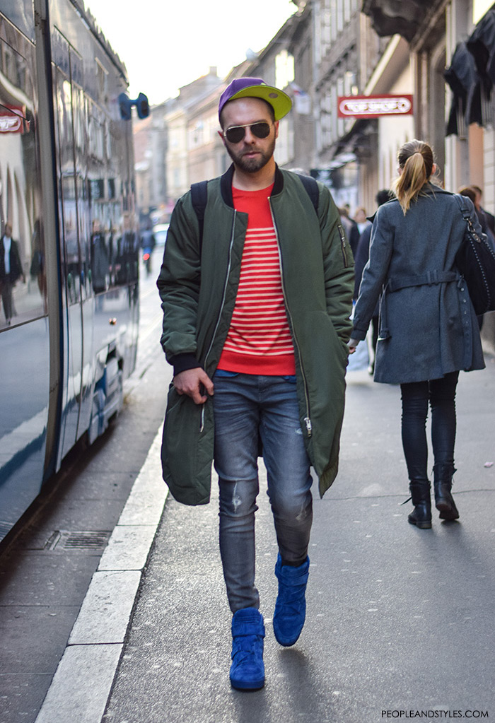 Men's fashion, how to wear bomber jacket, sneakers and stripped shirt, street style casula outfit inspiration