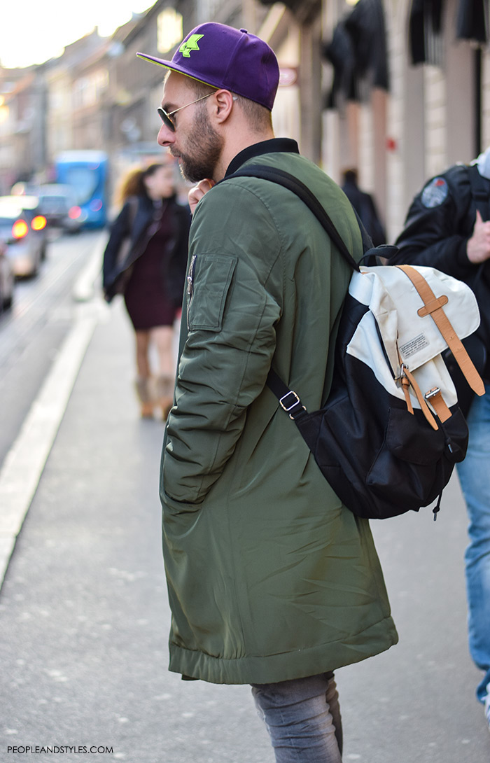 Men's fashion, how to wear bomber jacket, sneakers, backpack and stripped shirt, street style casula outfit inspiration