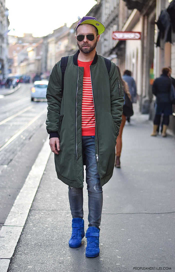 Men's fashion, how to wear bomber jacket, sneakers, backpack and stripped shirt, street style casula outfit inspiration