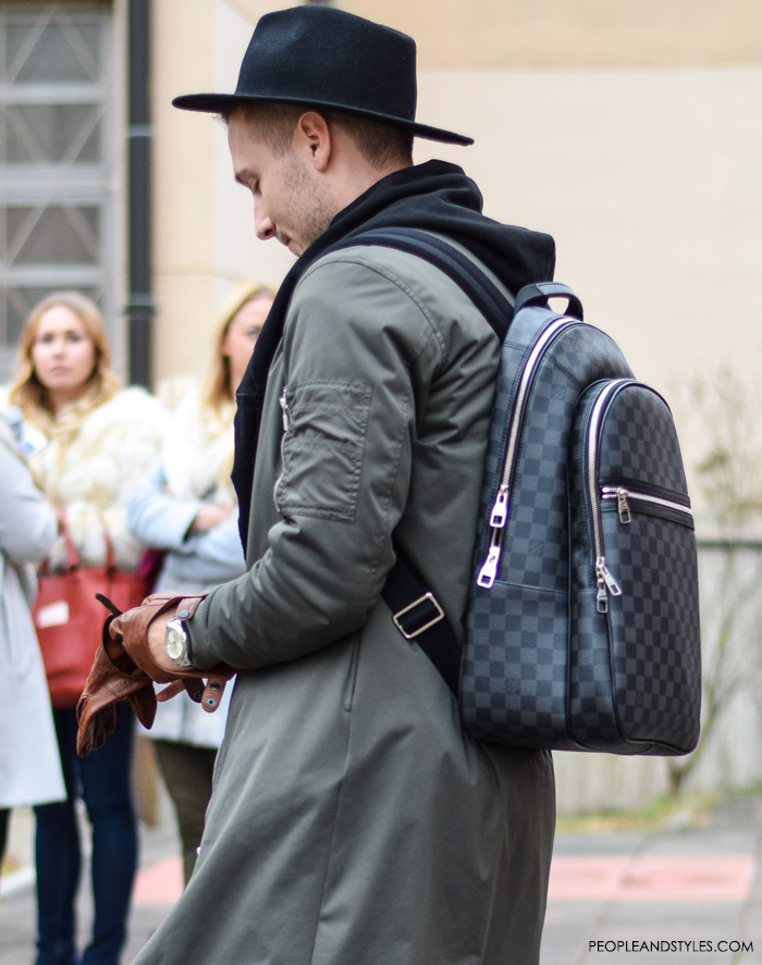 Men's fashion, how to wear longer bomber jacket, hat and backpack, street style casula outfit inspiration