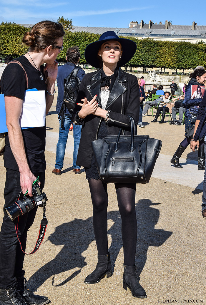 Paris street style Parisien chic, how to wear lace mini skirt, biker jacket, hat and Celine bag
