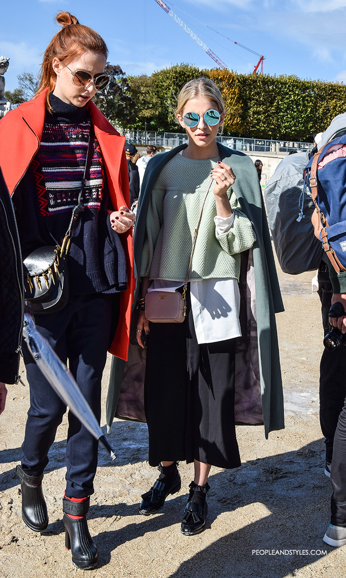 Paris street style Parisien chic, how to wear mirrored sunglasses, mint peoplum top, layered white shirt, midi black skirt and flat shoes