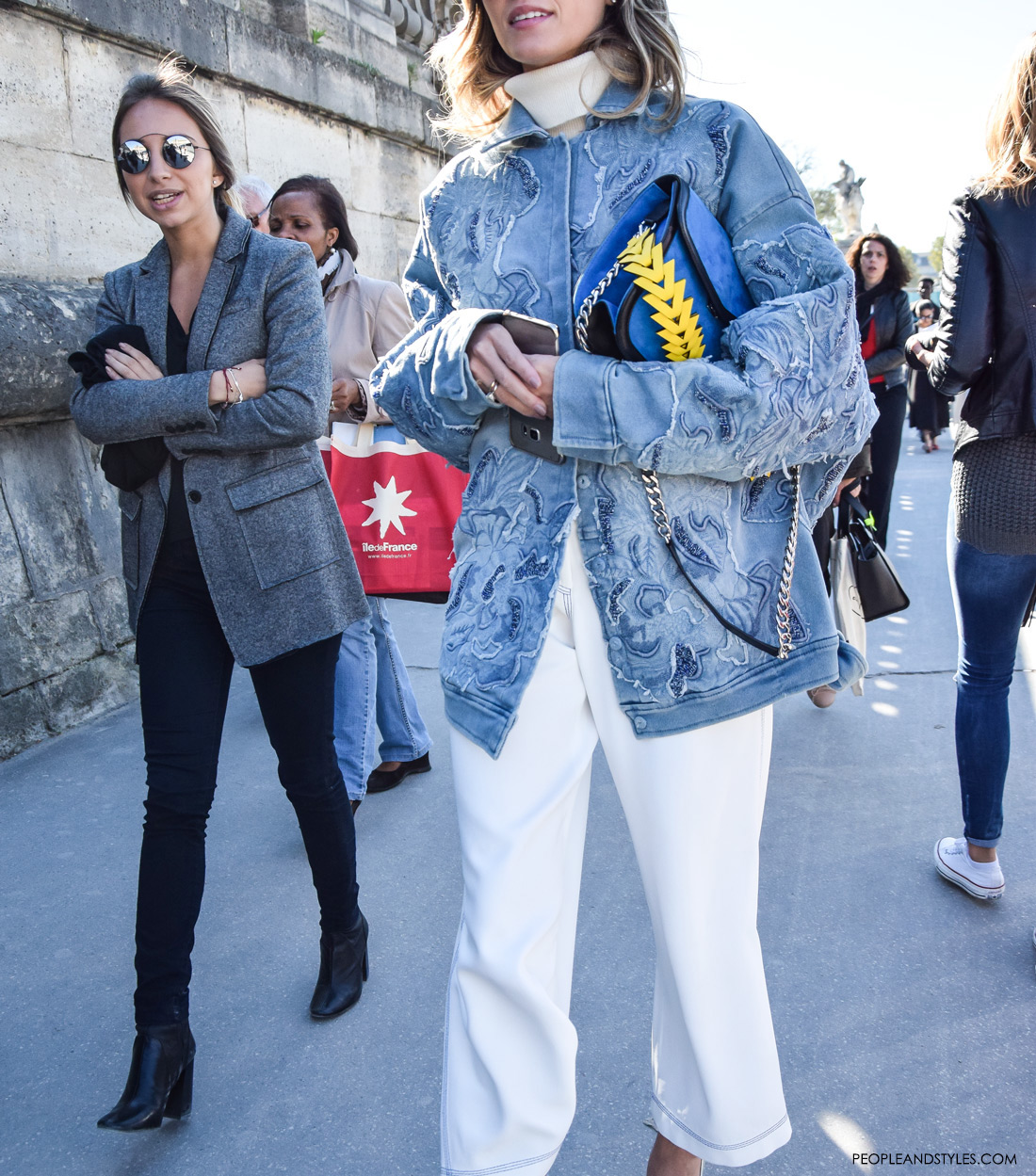 Get Helena Bordon look: white culottes, oversized embellished denim jacket and silver pumps, Paris Fashion Week spring summer 2016, street style outfit