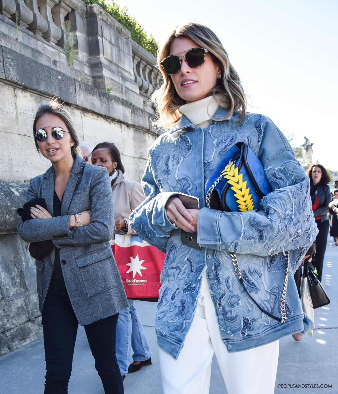 Get Helena Bordon look: white culottes, oversized embellished denim jacket and silver pumps, Paris Fashion Week spring summer 2016, street style outfit