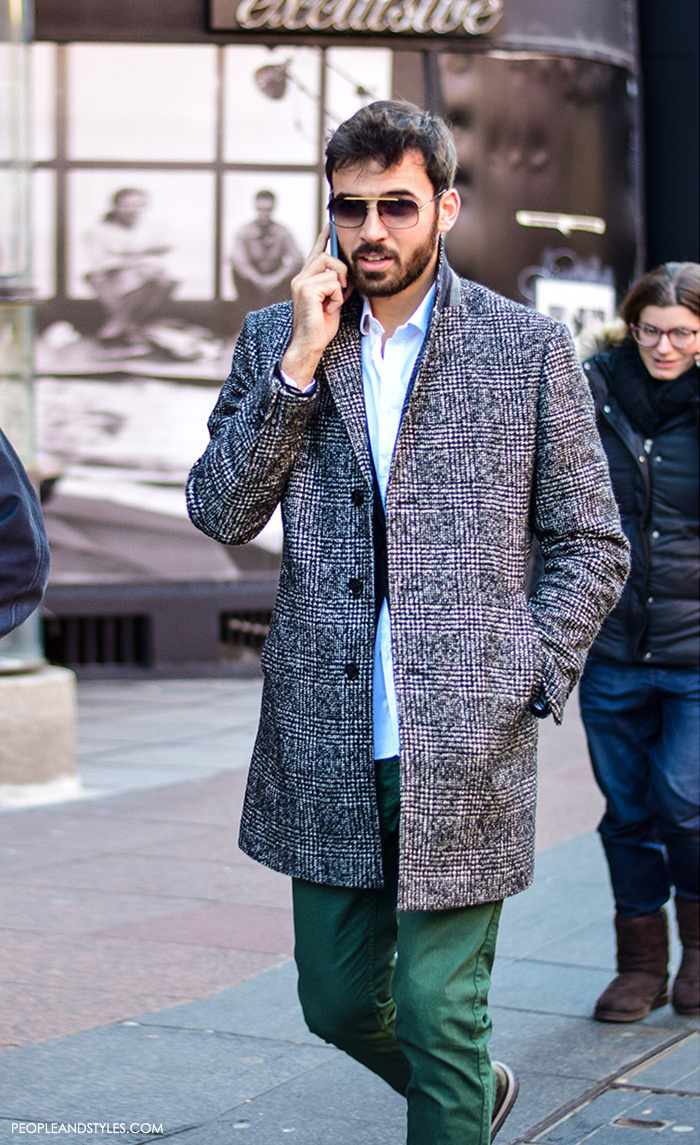 Guys casual winter fashion, what to wear with a wool coat, how to wear grey check coat, navu blazer and green chinos