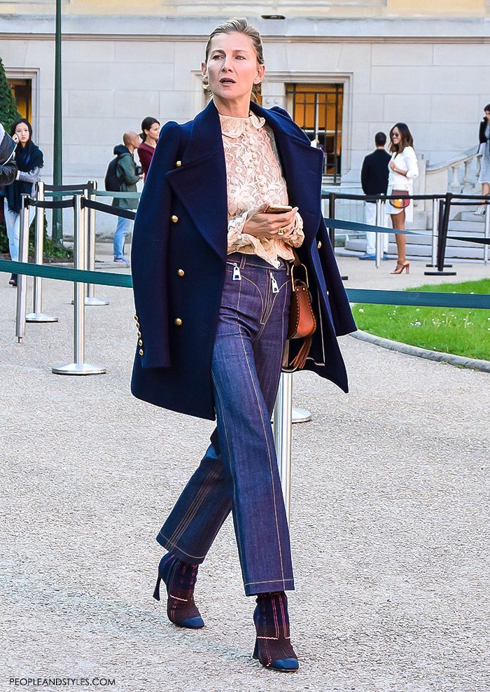 How to wear a peacoat, women's fashion, Paris Fashion Week street style outfit, Elizabeth von Guttman wearing Chloe lace top, pea cot, Chloe shoulder bag, cropped wide leg pants and ankle boots. Elizabeth von Guttman, founder of System Magazine and Ever Manifesto