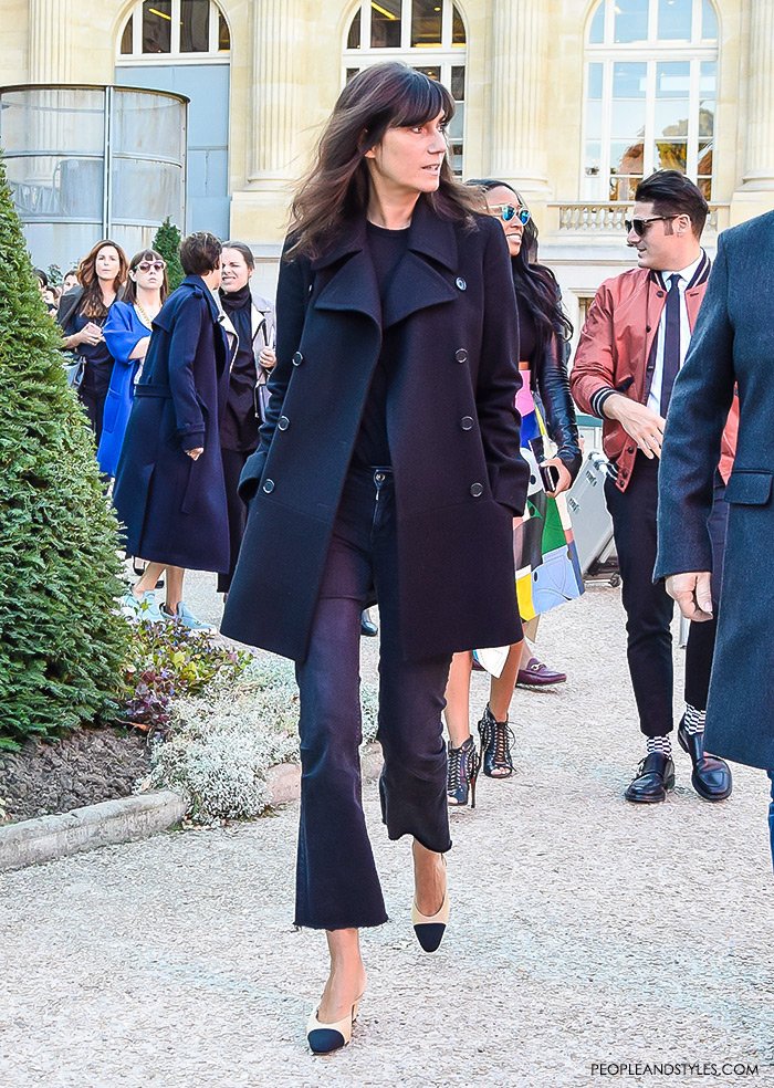 How to wear a peacoat, women's fashion, street style outfit, Emmanuelle Alt wearing navy pea coat, cropped flared jeans and Chanel granny slingbacks