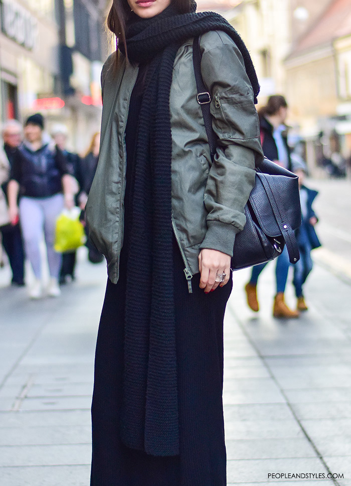 How to wear green bomber jacket, black long dress, long scarf and white sneakers, street style fashion inspiration