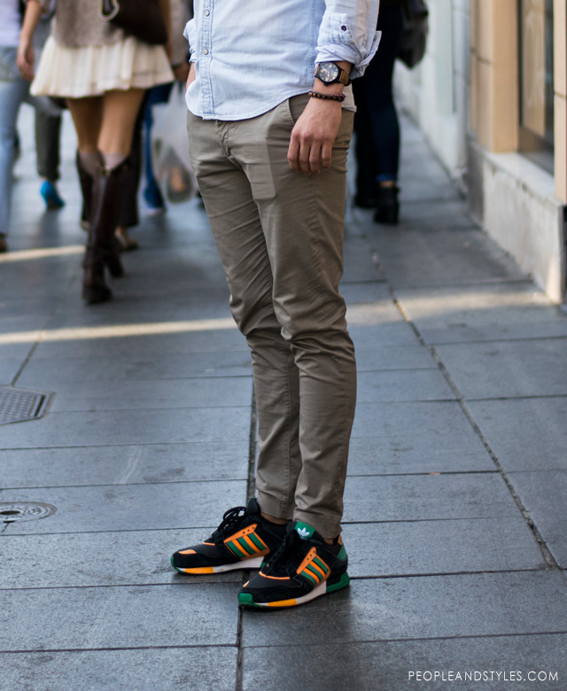 men adidas outfits, Men's Fashion: men casual style - how to wear chinos, light color denim shirt and Adidas sneakers guy's cute street style look, latest best outfits for guys