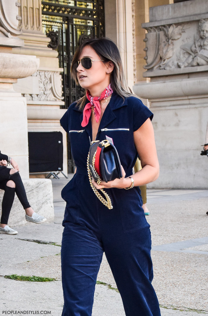 How to style red bandanas, street style outfit inspirations, Danielle Bernstein in blue velvet overall, red bandana and silver ankle boots, We Wore What instagram, pinterest