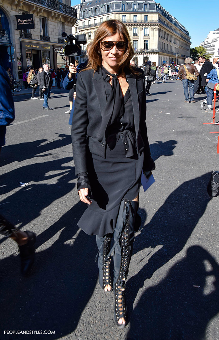 Carrine Roitfeld street style Paris wearing side slit skirt and over the knee boots