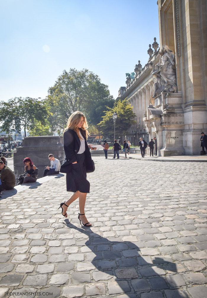 Women's fashion: street style Paris wear to work outfit inspiration Pinterest midi skirt side slit