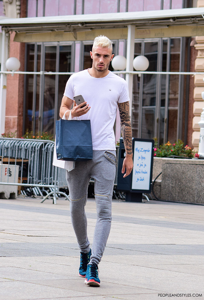 mens styling sneakers men fashion how to wear grey skinny joggers and sneakers, guys sporty outfit, men outfit ideas casual, casual men look