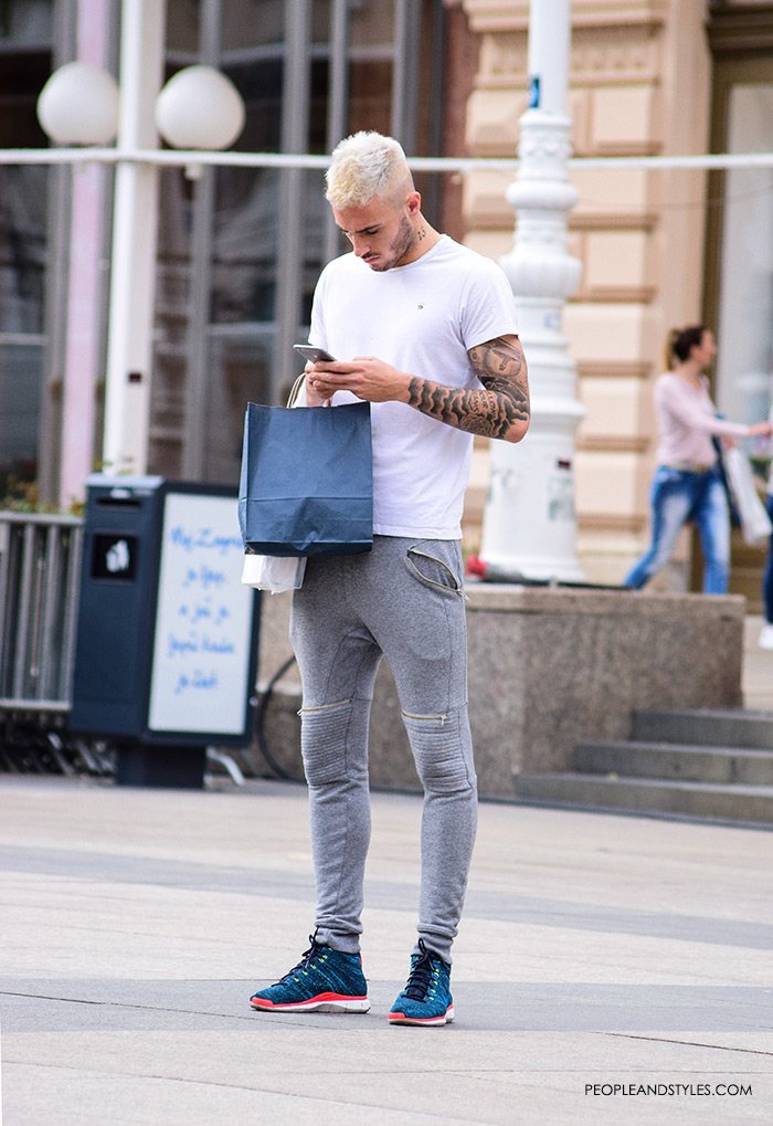 mens styling sneakers men fashion how to wear grey skinny joggers and sneakers, guys sporty outfit, men outfit ideas casual