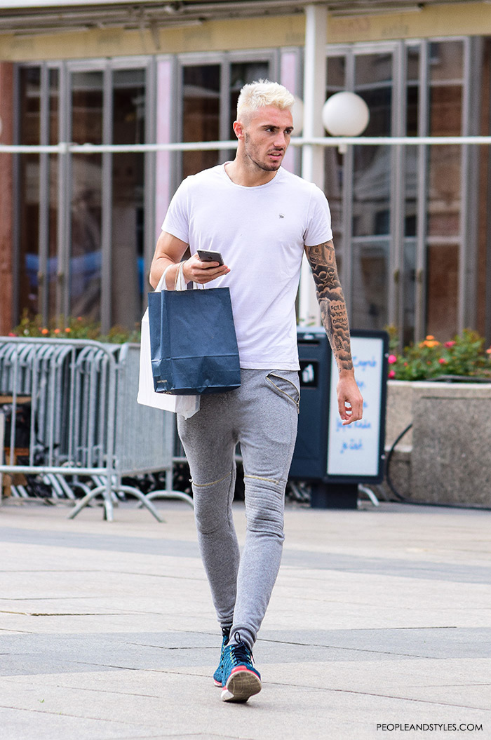 mens styling how to wear grey skinny joggers and sneakers, guys sporty outfit, men outfit ideas casual