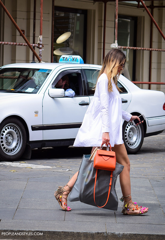 gladiator sandals street style outfit dress, Elina Linardaki fashion designer handmade Greek sandals, how to wear white mini dress and mega popular Greek gladiator sandals, fashion styling tips, perfect outfit, street fashion PeopleandStyles, street style summer pinterest