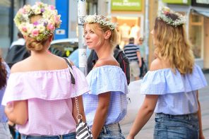 Adorable Street Style Look: Off the Shoulder Top and Flower Garland