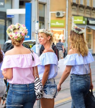 Adorable Street Style Look: Off the Shoulder Top and Flower Garland