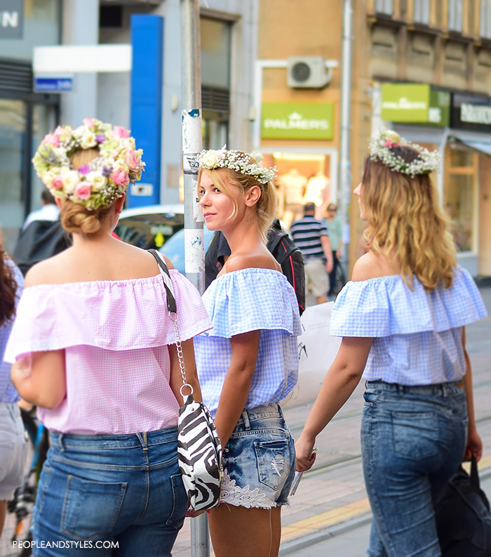 off shoulder womens street style, summer best street style outfits for girls, Adorable street style look off the shoulder top and flower garland, women's summer fashion, images, Pinterest