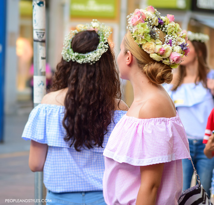 off shoulder womens street style, summer best street style outfits for girls, Adorable street style look off the shoulder top and flower garland, women's summer fashion, images, Pinterest