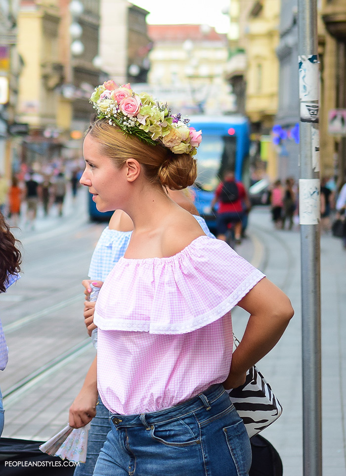 off shoulder womens street style, summer best street style outfits for girls, Adorable street style look off the shoulder top and flower garland, women's summer fashion, images, Pinterest