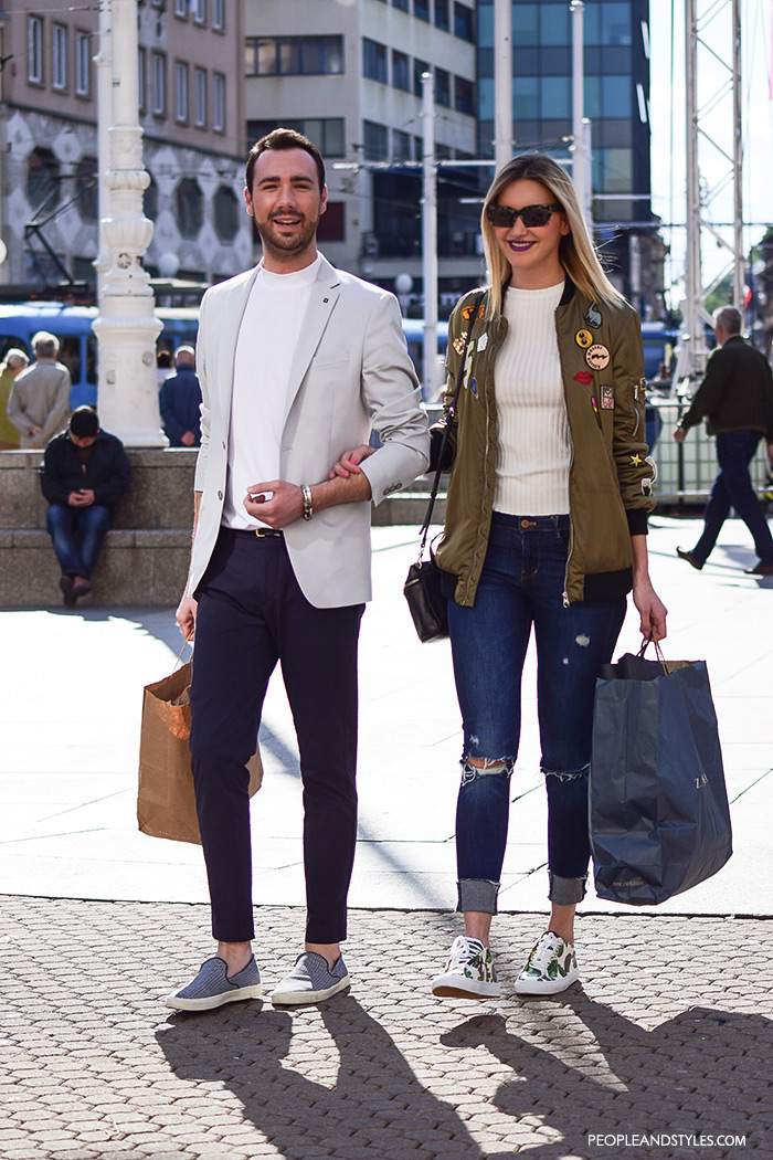 Street style summer 2016, couples street fashion, mens's fashion wear white blazer, chinos and slip-on sneaskers