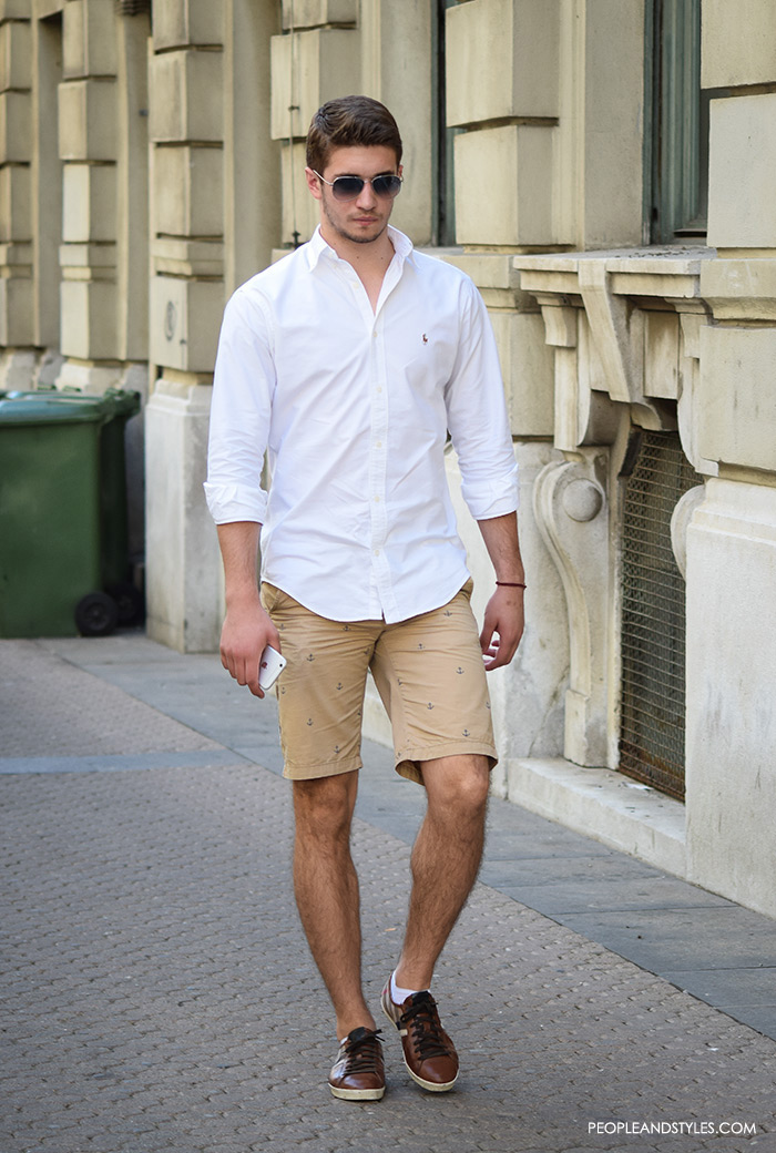 best men casual fashion wear, urban street fashion men, man's fashion street style summer outfit, how to wear chino shorts and white button down shirt, handsome man